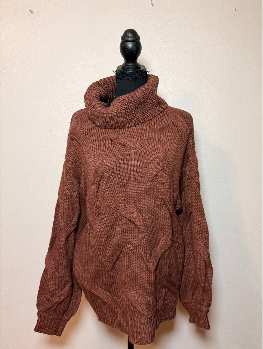 Simplee Brown Cable-Knit Cowl Neck Sweater L Fall